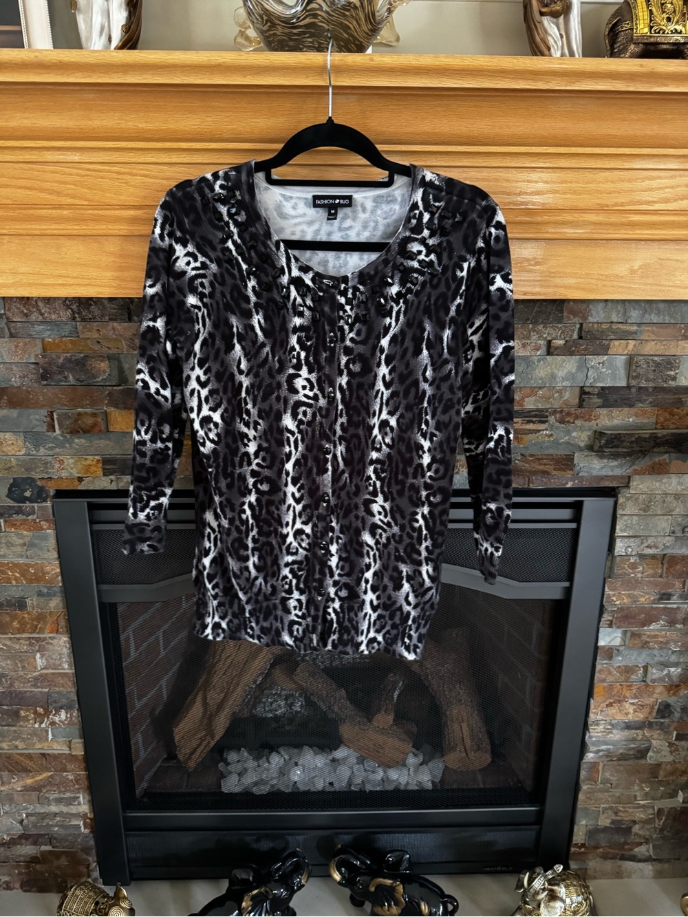 Fashion Bug Black and White Leopard-Print Cardigan